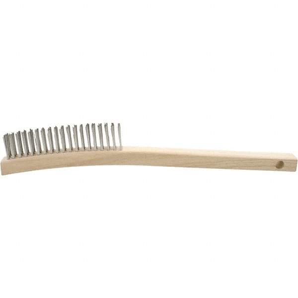 Brush Research Mfg. - 3 Rows x 19 Columns Stainless Steel Scratch Brush - 5-3/4" Brush Length, 13-3/4" OAL, 1-1/8 Trim Length, Wood Curved Back Handle - Americas Industrial Supply