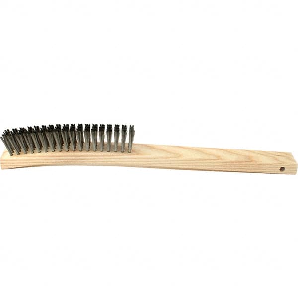 Brush Research Mfg. - 4 Rows x 19 Columns Stainless Steel Scratch Brush - 5-3/4" Brush Length, 14" OAL, 1 Trim Length, Wood Curved Back Handle - Americas Industrial Supply