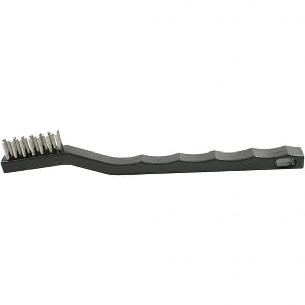 Brush Research Mfg. - 2 Rows x 7 Columns Stainless Steel Scratch Brush - 1/2" Brush Length, 7-1/4" OAL, 1/2 Trim Length, Wood Curved Back Handle - Americas Industrial Supply