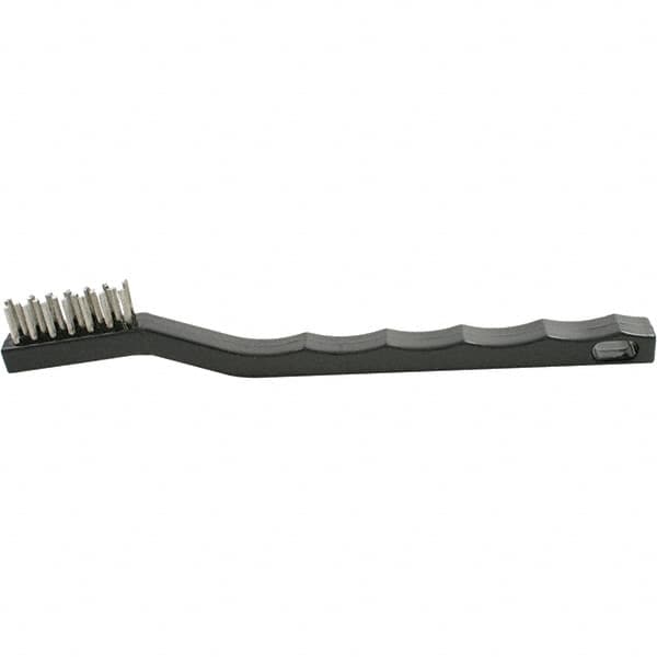 Brush Research Mfg. - 2 Rows x 7 Columns Stainless Steel Scratch Brush - 1/2" Brush Length, 7-1/4" OAL, 1/2 Trim Length, Plastic Curved Back Handle - Americas Industrial Supply