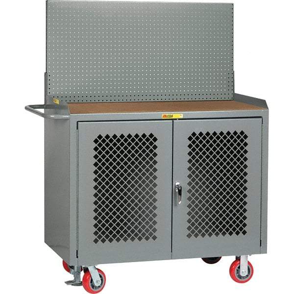 Little Giant - 3,600 Lb Capacity, 2 Shelf, 2 Door Mobile Bench Cabinet with Pegboard Panel - 41" Wide x 24" Deep x 43" High, Steel, Gray - Americas Industrial Supply