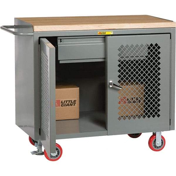Little Giant - 3,600 Lb Capacity, 2 Shelf, 1 Drawer, 2 Door Mobile Cabinet Bench - 41" Wide x 24" Deep x 43" High, Steel, Gray - Americas Industrial Supply