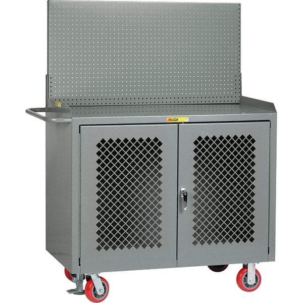 Little Giant - 3,600 Lb Capacity, 2 Shelf, 2 Door Mobile Bench Cabinet with Pegboard Panel - 41" Wide x 24" Deep x 43" High, Steel, Gray - Americas Industrial Supply