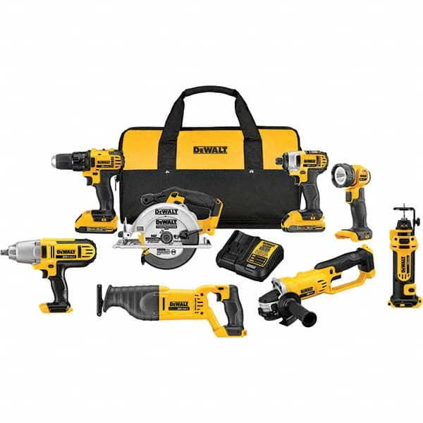 DeWALT - Cordless Tool Combination Kits Voltage: 20 Tools: 1/2" Compact Drill/Driver; 1/4" Impact Driver; 6-1/2 Circular Saw; Reciprocating Saw; 4-1/2"/ 5'' Grinder; Drywall Cut-Out Tool; 1/2" High Torque Impact Wrench; LED Work Light - Americas Industrial Supply