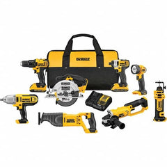 DeWALT - Cordless Tool Combination Kits Voltage: 20 Tools: 1/2" Compact Drill/Driver; 1/4" Impact Driver; 6-1/2 Circular Saw; Reciprocating Saw; 4-1/2"/ 5'' Grinder; Drywall Cut-Out Tool; 1/2" High Torque Impact Wrench; LED Work Light - Americas Industrial Supply