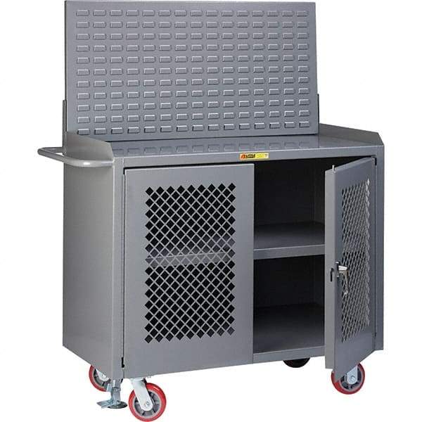 Little Giant - 3,600 Lb Capacity, 3 Shelf, 2 Door Mobile Bench Cabinet with Louvered Panel - 41" Wide x 24" Deep x 43" High, Steel, Gray - Americas Industrial Supply