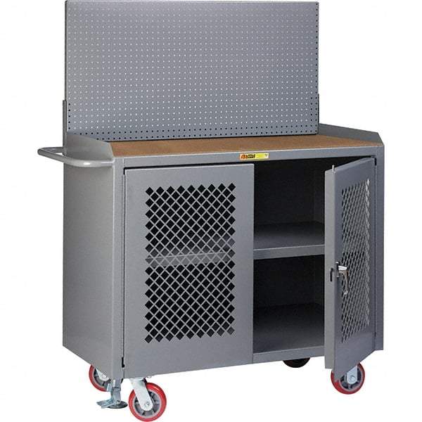 Little Giant - 3,600 Lb Capacity, 3 Shelf, 2 Door Mobile Bench Cabinet with Pegboard Panel - 41" Wide x 24" Deep x 43" High, Steel, Gray - Americas Industrial Supply