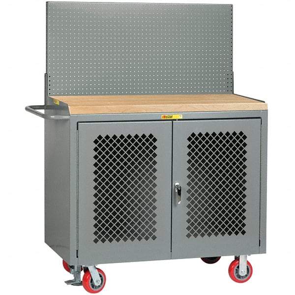 Little Giant - 3,600 Lb Capacity, 2 Shelf, 2 Door Mobile Bench Cabinet with Pegboard Panel - 41" Wide x 24" Deep x 43" High, Steel, Gray - Americas Industrial Supply