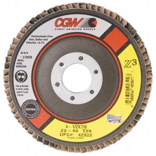 Camel Grinding Wheels - 60 Grit, 7" Disc Diam, 5/8-11 Center Hole, Type 29 Zirconia Alumina Flap Disc - 8,600 Max RPM, Poly Cotton Backing, Arbor Attaching System, Coated - Americas Industrial Supply