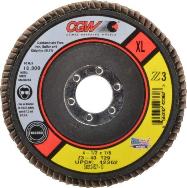 Camel Grinding Wheels - 40 Grit, 4-1/2" Disc Diam, 7/8" Center Hole, Type 29 Zirconia Alumina Flap Disc - 13,300 Max RPM, Poly Cotton Backing, Arbor Attaching System, Coated - Americas Industrial Supply