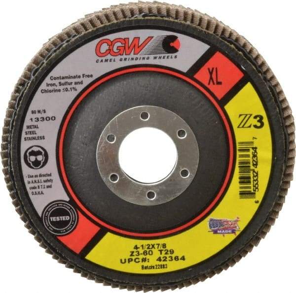 Camel Grinding Wheels - 60 Grit, 4-1/2" Disc Diam, 7/8" Center Hole, Type 29 Zirconia Alumina Flap Disc - 13,300 Max RPM, Poly Cotton Backing, Arbor Attaching System, Coated - Americas Industrial Supply
