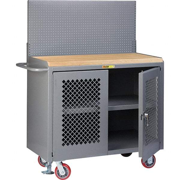 Little Giant - 3,600 Lb Capacity, 3 Shelf, 2 Door Mobile Bench Cabinet with Pegboard Panel - 41" Wide x 24" Deep x 43" High, Steel, Gray - Americas Industrial Supply