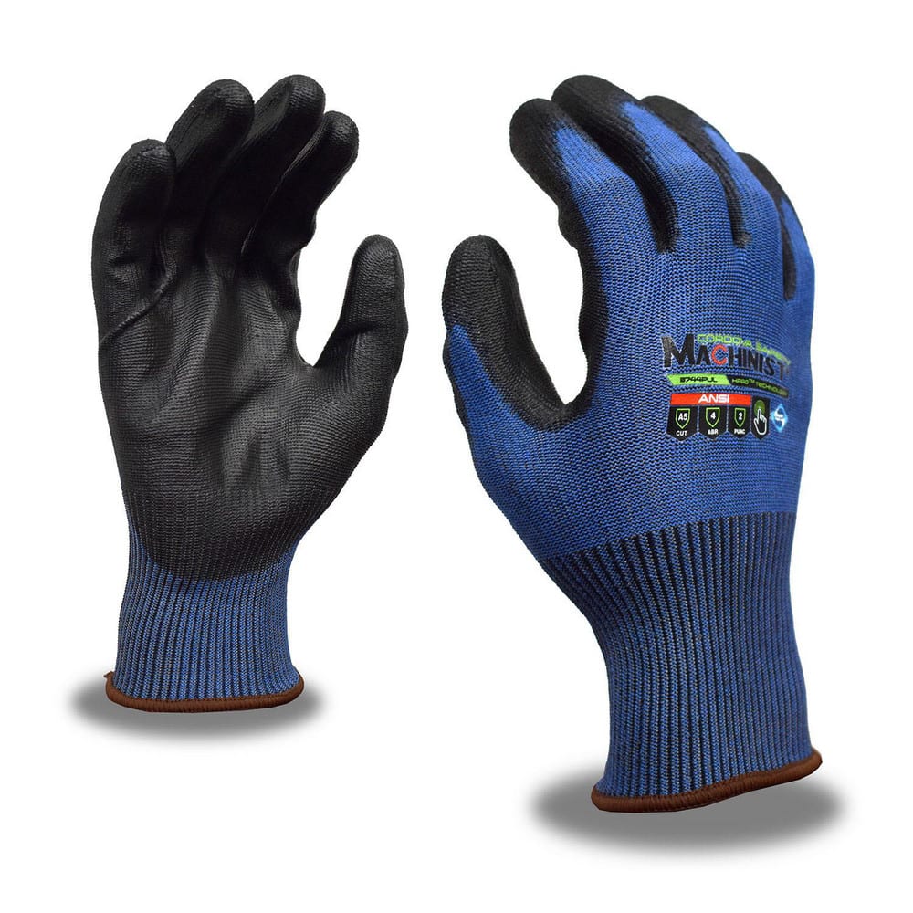 Puncture-Resistant Gloves:  Size  Large,  ANSI Cut  A5,  ANSI Puncture  3,  Polyurethane,   ™HPPG ™ High Performance Polyethylene Graphene Blue & Black,  Palm & Fingertips Coated,  Engineered Yarn Lined,  High Performance Polyethylene Graphene (HPPG) Back
