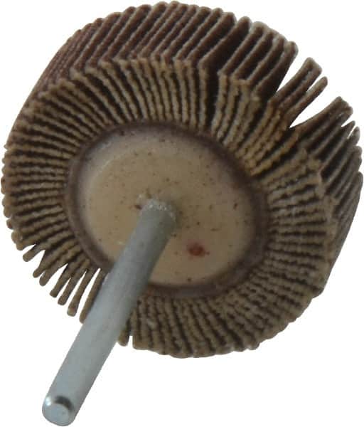 Merit Abrasives - 1-3/16" Diam x 3/8" Face Width, Fine Aluminum Oxide Coated Mounted Flap Wheel - 1/8" Shank Mount, 120 Grit, Cloth Backing, 30,000 Max RPM - Americas Industrial Supply