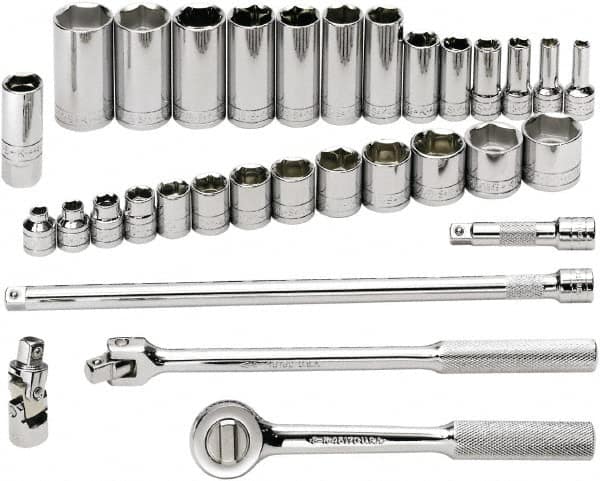 SK - 32 Piece 3/8" Drive Standard Deep Socket Set - 6 Points, 1/4 to 1", Inch Measurement Standard - Americas Industrial Supply