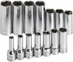 SK - 14 Piece 3/8" Drive Tethered Thin Wall Deep Socket Set - 6 Points, 6 to 19mm, Metric Measurement Standard - Americas Industrial Supply