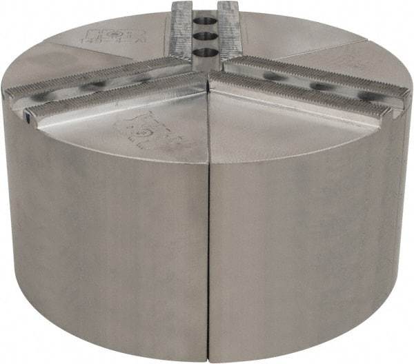 H & R Manufacturing - 1.5mm x 60° Serrated Attachment, Round Soft Lathe Chuck Jaw - 3 Jaws, Aluminum, 1" Btw Mount Hole Ctrs, 4" Long x 8" Wide x 4" High, 0.551" Groove, 12mm Fastener - Americas Industrial Supply