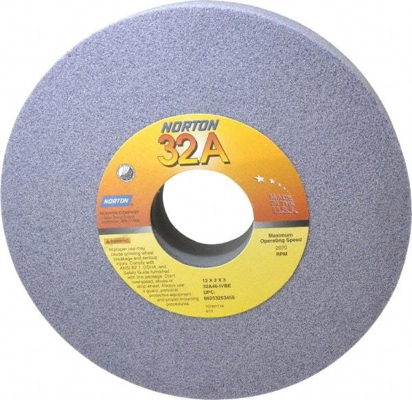 Norton - 12" Diam x 3" Hole x 2" Thick, I Hardness, 46 Grit Surface Grinding Wheel - Aluminum Oxide, Type 1, Coarse Grade, 2,070 Max RPM, Vitrified Bond, No Recess - Americas Industrial Supply