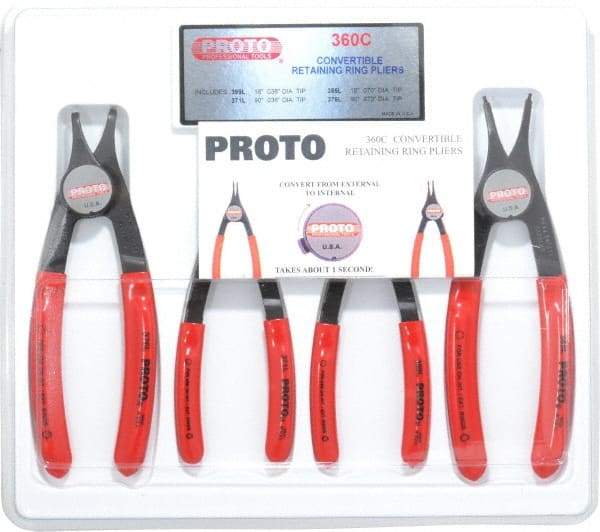 Proto - 4 Piece, 3/8 to 2" Bore, 1/4 to 2" Shaft, Convertible Retaining Ring Pliers Set - 0.038 to 0.07" Tip Diam Range - Americas Industrial Supply