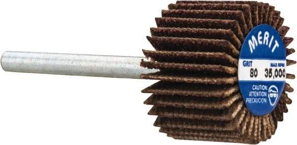 Merit Abrasives - 3/4" Diam x 1/2" Face Width, Medium Aluminum Oxide Coated Mounted Flap Wheel - 1/8" Shank Mount, 80 Grit, Cloth Backing, 35,000 Max RPM - Americas Industrial Supply