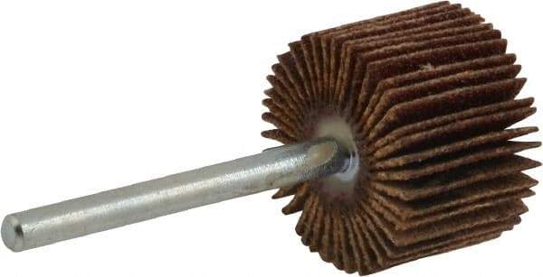 Merit Abrasives - 3/4" Diam x 1/2" Face Width, Fine Aluminum Oxide Coated Mounted Flap Wheel - 1/8" Shank Mount, 120 Grit, Cloth Backing, 35,000 Max RPM - Americas Industrial Supply