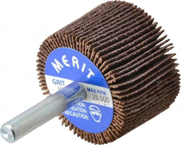 Merit Abrasives - 1-1/2" Diam x 1" Face Width, Medium Ceramic Alumina Coated Mounted Flap Wheel - 1/4" Shank Mount, 60 Grit, Cloth Backing, 25,000 Max RPM - Americas Industrial Supply