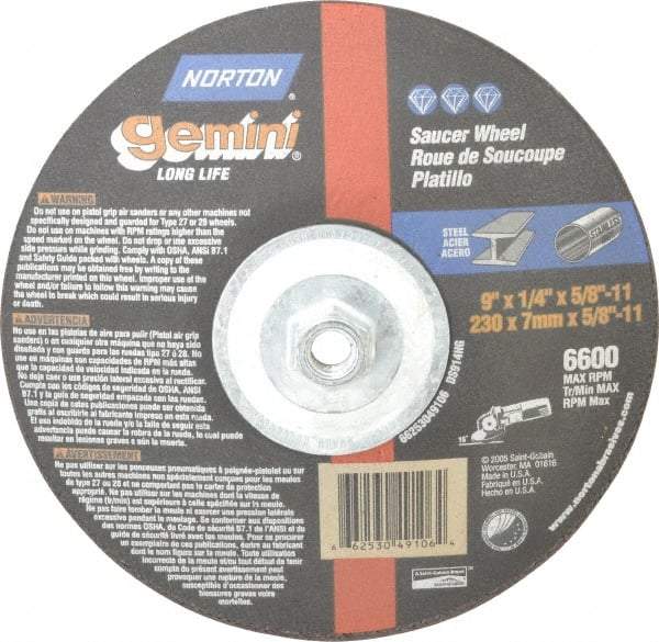 Norton - 24 Grit, 9" Wheel Diam, 1/4" Wheel Thickness, Type 28 Depressed Center Wheel - Aluminum Oxide, 6,600 Max RPM, Compatible with Angle Grinder - Americas Industrial Supply
