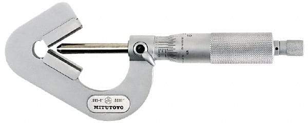 Mitutoyo - 0.05 to 0.6 Inch Measurement, 0.001 Inch Graduation, Accuracy Up to 0.0002 Inch, 3 Flutes Measured, Ratchet Stop Thimble, Mechanical V Anvil Micrometer - 6.35mm Spindle Diameter, Carbide, 23.46mm Throat Depth - Americas Industrial Supply