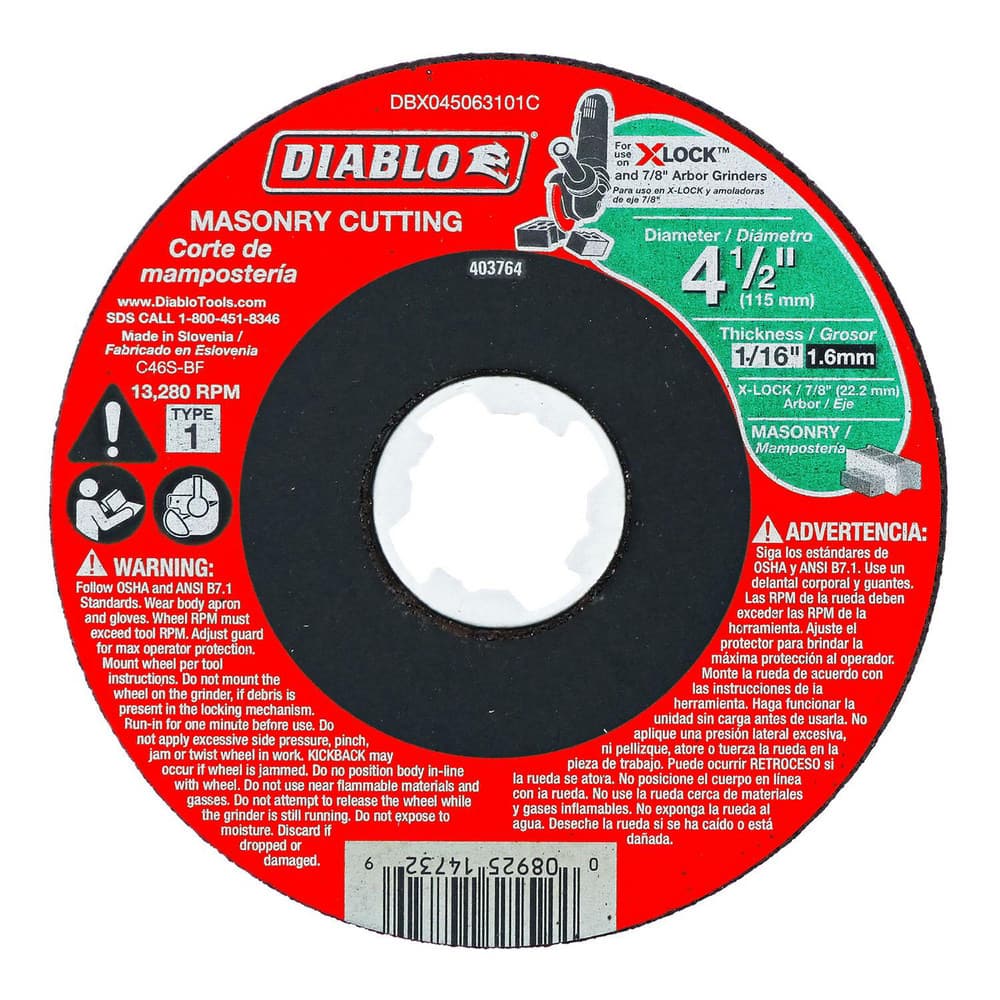 Cutoff Wheels; Wheel Type Number: Type 1; Wheel Diameter (Inch): 4-1/2; Wheel Thickness (Inch): 1/16; Hole Size: 7/8; Abrasive Material: Premium Silicone Carbide Blend; Maximum Rpm: 13280.000; Hole Shape: Round; Wheel Color: Red