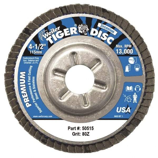 Weiler - 80 Grit, 4-1/2" Disc Diam, 7/8" Center Hole, Type 29 Zirconia Alumina Flap Disc - 13,000 Max RPM, Aluminum Backing, Arbor Attaching System, Coated - Americas Industrial Supply