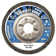 Weiler - 80 Grit, 4-1/2" Disc Diam, 7/8" Center Hole, Type 29 Zirconia Alumina Flap Disc - 13,000 Max RPM, Aluminum Backing, Arbor Attaching System, Coated - Americas Industrial Supply