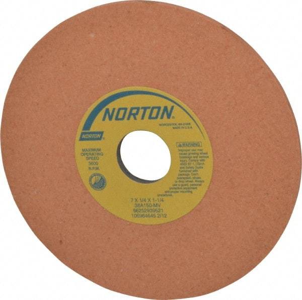 Norton - 7" Diam x 1-1/4" Hole x 1/4" Thick, M Hardness, 150 Grit Surface Grinding Wheel - Aluminum Oxide, Type 1, Very Fine Grade, 3,600 Max RPM, Vitrified Bond, No Recess - Americas Industrial Supply