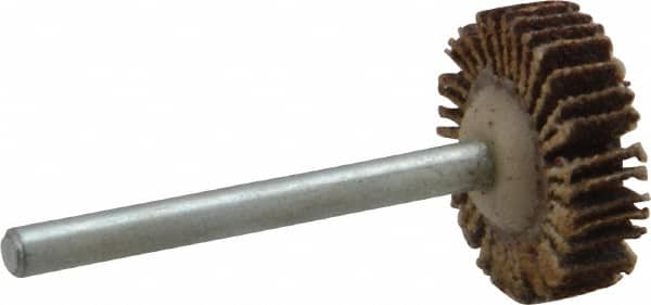 Merit Abrasives - 3/4" Diam x 3/16" Face Width, Medium Aluminum Oxide Coated Mounted Flap Wheel - 1/8" Shank Mount, 80 Grit, Cloth Backing, 35,000 Max RPM - Americas Industrial Supply