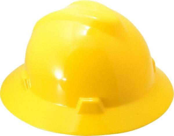 MSA - ANSI Type I, Class E Rated, Ratchet Adjustment Hard Hat - One Size Fits Most, Yellow, Full Brim - Americas Industrial Supply