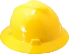 MSA - ANSI Type I, Class E Rated, Ratchet Adjustment Hard Hat - One Size Fits Most, Yellow, Full Brim - Americas Industrial Supply