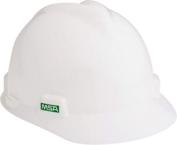 MSA - ANSI Type I, Class E Rated, 4-Point, Ratchet Adjustment Hard Hat - Size 6-1/2 to 8, White, Standard Brim - Americas Industrial Supply
