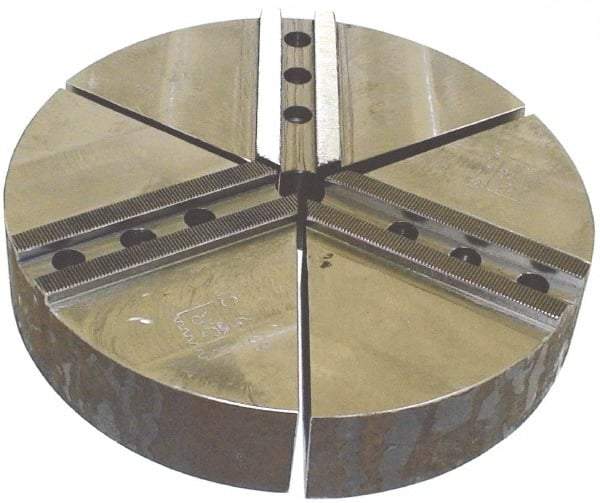 H & R Manufacturing - 1.5mm x 60° Serrated Attachment, Round Soft Lathe Chuck Jaw - 3 Jaws, Cast Iron, 1.181" Btw Mount Hole Ctrs, 5" Long x 10" Wide x 2" High, 0.63" Groove, 12mm Fastener - Americas Industrial Supply