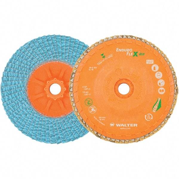 WALTER Surface Technologies - 80 Grit, 4-1/2" Disc Diam, 5/8-11 Center Hole, Type 27 Zirconia Alumina Flap Disc - 13,300 Max RPM, Polyester Backing, Arbor Attaching System, Coated - Americas Industrial Supply