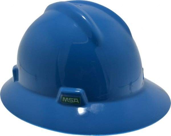 MSA - ANSI Type I, Class E Rated, Ratchet Adjustment Hard Hat - Size 6-1/2 to 8, Blue, Full Brim - Americas Industrial Supply