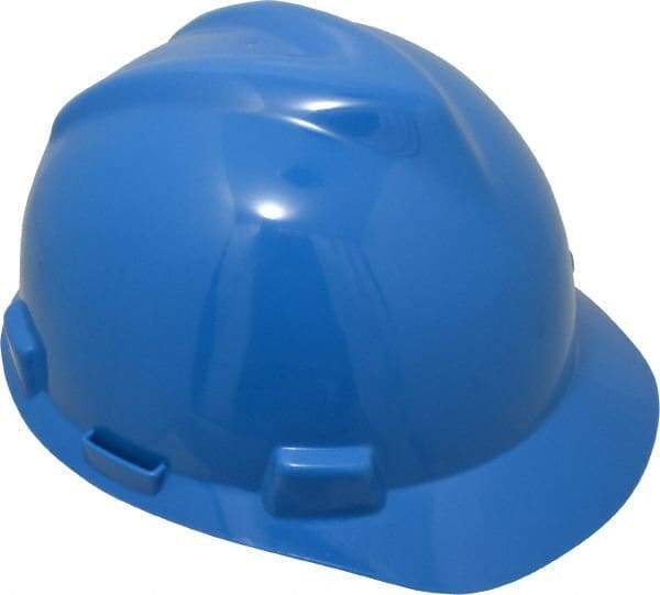 MSA - ANSI Type I, Class E Rated, 4-Point, Ratchet Adjustment Hard Hat - Size 6-1/2 to 8, Blue, Standard Brim - Americas Industrial Supply