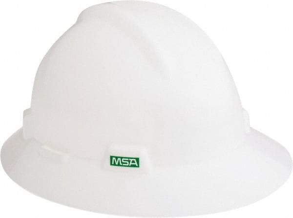 MSA - ANSI Type I, Class E Rated, Ratchet Adjustment Hard Hat - Size 6-1/2 to 8, White, Full Brim - Americas Industrial Supply
