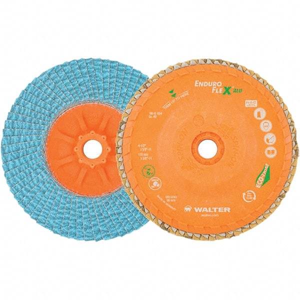 WALTER Surface Technologies - 60 Grit, 4-1/2" Disc Diam, 5/8-11 Center Hole, Type 27 Zirconia Alumina Flap Disc - 13,300 Max RPM, Polyester Backing, Arbor Attaching System, Coated - Americas Industrial Supply