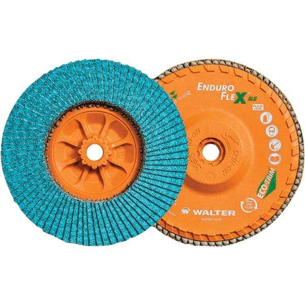 WALTER Surface Technologies - 60 Grit, 6" Disc Diam, 5/8-11 Center Hole, Type 27 Zirconia Alumina Flap Disc - 10,200 Max RPM, Polyester Backing, Arbor Attaching System, Coated - Americas Industrial Supply