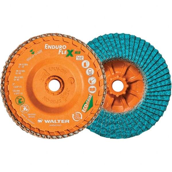 WALTER Surface Technologies - 40 Grit, 5" Disc Diam, 5/8-11 Center Hole, Type 27 Zirconia Alumina Flap Disc - 12,200 Max RPM, Polyester Backing, Arbor Attaching System, Coated - Americas Industrial Supply