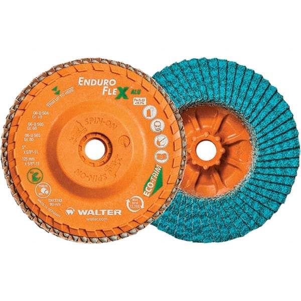 WALTER Surface Technologies - 80 Grit, 5" Disc Diam, 5/8-11 Center Hole, Type 27 Zirconia Alumina Flap Disc - 12,200 Max RPM, Polyester Backing, Arbor Attaching System, Coated - Americas Industrial Supply