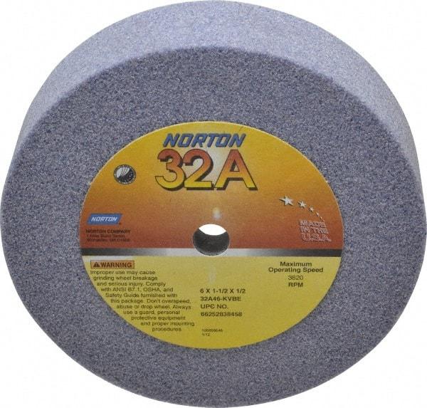 Norton - 6" Diam, 1/2" Hole Size, 1-1/2" Overall Thickness, 46 Grit, Type 6 Tool & Cutter Grinding Wheel - Coarse Grade, Aluminum Oxide, K Hardness, Vitrified Bond, 3,820 RPM - Americas Industrial Supply