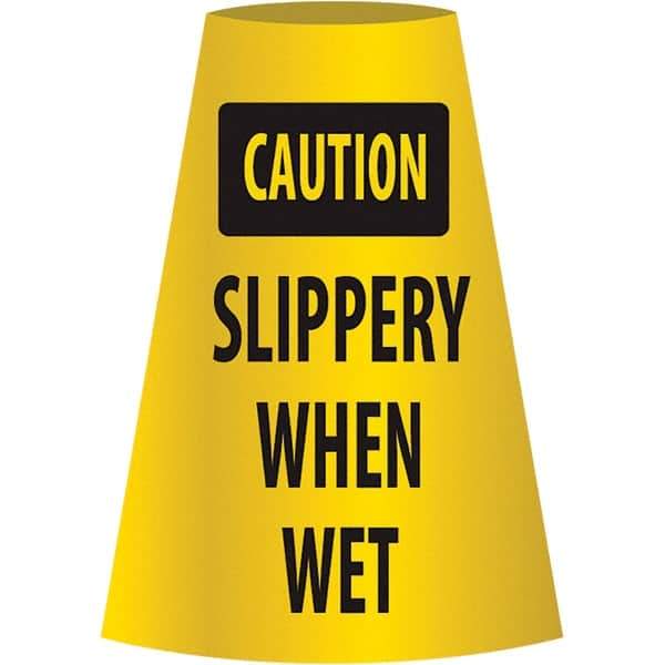 NMC - Caution - Slippery When Wet, 21-3/4" Wide x 11" High, Polyethylene Floor Sign - Cone, Black on Yellow, For Restroom, Janitorial & Housekeeping - Americas Industrial Supply