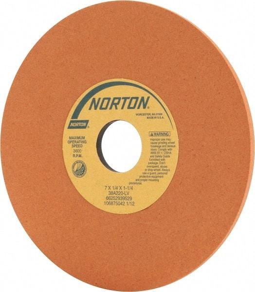 Norton - 7" Diam x 1-1/4" Hole x 1/4" Thick, L Hardness, 220 Grit Surface Grinding Wheel - Aluminum Oxide, Type 1, Very Fine Grade, 3,600 Max RPM, Vitrified Bond, No Recess - Americas Industrial Supply