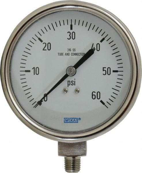 Wika - 4" Dial, 1/4 Thread, 0-60 Scale Range, Pressure Gauge - Lower Connection Mount, Accurate to 1% of Scale - Americas Industrial Supply