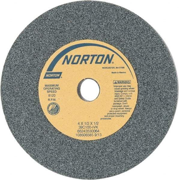 Norton - 4" Diam x 1/2" Hole x 1/2" Thick, I Hardness, 100 Grit Surface Grinding Wheel - Silicon Carbide, Type 1, Fine Grade, 8,120 Max RPM, Vitrified Bond, No Recess - Americas Industrial Supply